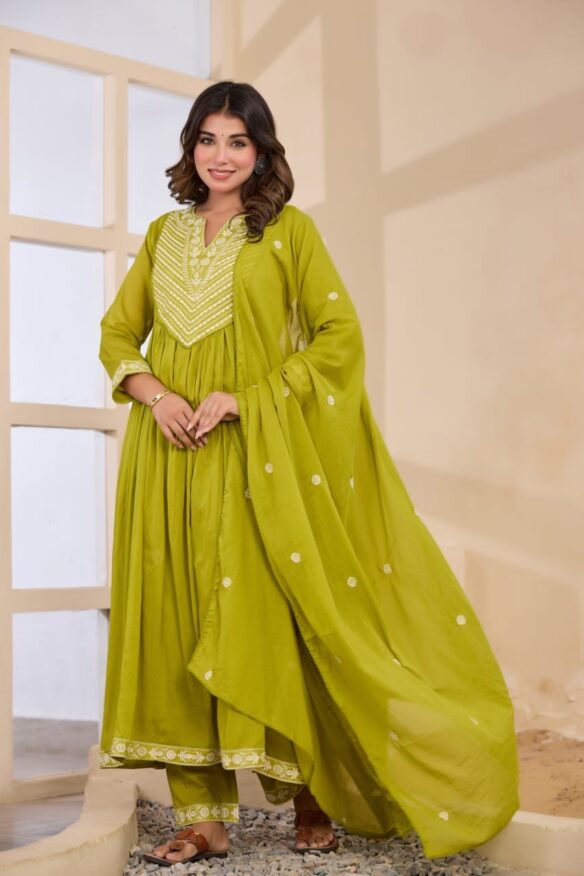 Lime Green Floral Embroidered Straight Kurta With Trouser & Dupatta